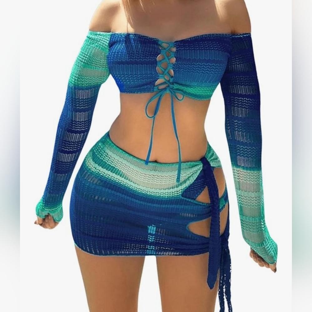 SOLY HUX Medium Blue Ombre 3-Piece Off Shoulder Bikini Set & Skirt Medium